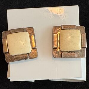Vintage Majorie Baer SF Square Cream and Silver Clip-On Earrings